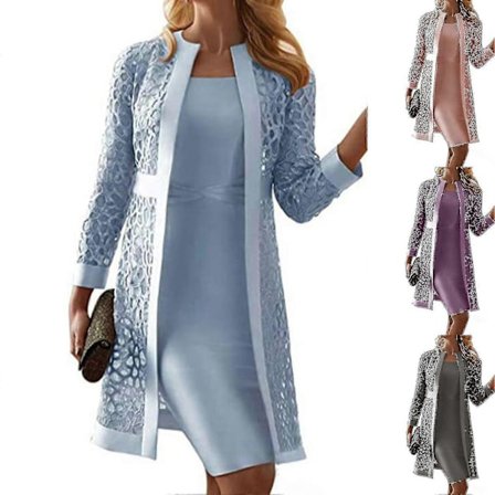 Fianao Dame Antrekk Ensfarget Blonde Cardigan Langermet Knelengde Kjole Kåpesett for Kontor