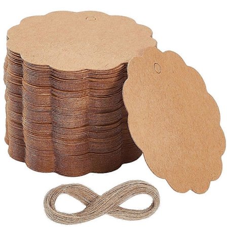 200 stk. blanke gaveetiketter i kraftpapir med 20 m jutesnor, flat runde 5,95 x 0,05 cm Hull: 4 mm