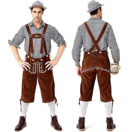 Tysk Oktoberfest Kostyme Menn | Rutete Skjorte med Broderte Seler & Hatt*Svart topp + brune seler + hatt*M Black top + brown suspenders + hat