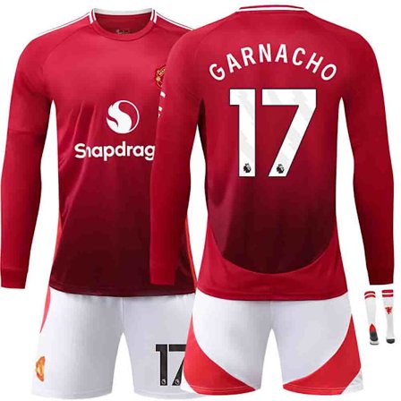 24-25 Manchester United F.C. Langermet Hjemmedrakt NR.17 Garnacho Drakter Barn Voksen Fotballutstyr med Sokker