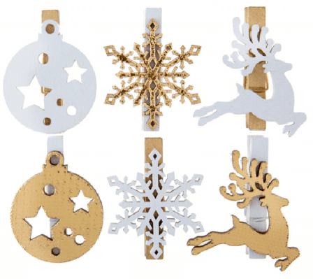 Klädnypor jul guld & vit 6-pack