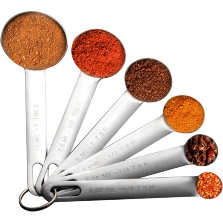 6 stk. måleskeer - 1/8 tsk, 1/4 tsk, 1/2 tsk, 1 tsk, 1/2 spsk, 1 spsk måleske i rustfrit stål til køkkeningredienser