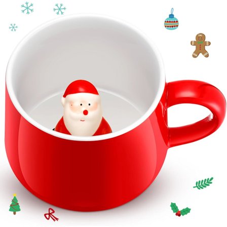 Joulumuki, keraaminen kahvimuki söpöllä sarjakuvahahmomukilla sisällä, sopii perheen syntymäpäivälahjoiksi