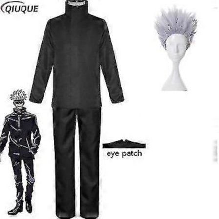 2023-anime Jujutsu Kaisen Gojo Satoru Cosplay Kostume Toppe Bukser Øjenlap Halloween Fest Mænd Uniform Parykker-1-1(XL Sort Pakke 5)