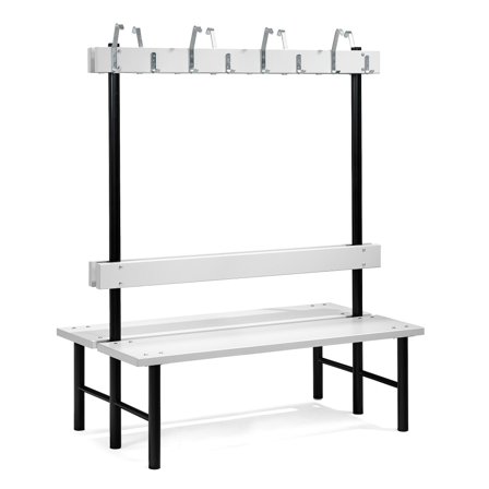 Doppelsitzbank STADIUM mit Hakenleiste, 16 Haken, L 1500 mm, grau