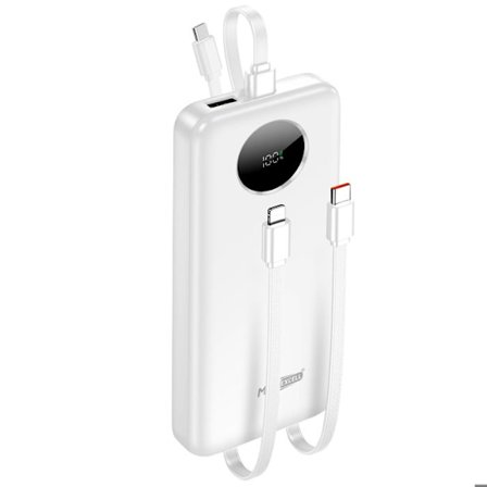 Nødstrømbatteri 10000mAh 2 USB-A / USB-C porte og 2 indbyggede kabler Max excell Hvid