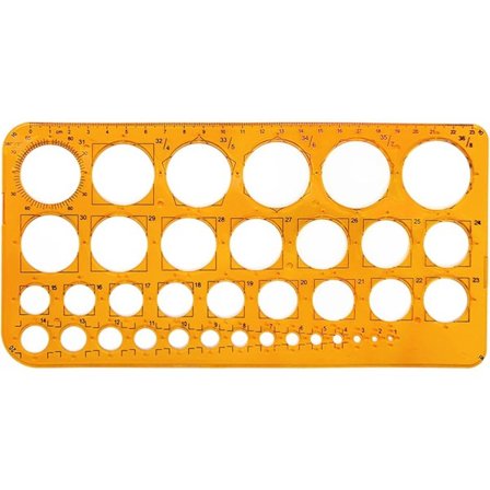 Muovinen pyöreä sapluuna, jossa 36 ympyrää, pyöreä viivain piirtämiseen, mittaamiseen ja suunnitteluun, teräsverkko piirtämiseen (oranssi)