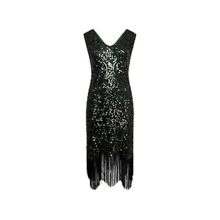 1920'er Flapper Kjole V-Hals Paillet Besat Kjole Brølende 20'ere Gatsby Frynse Festkjole (M Grøn)