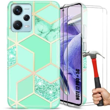 Fodral + 2 härdade glasögon för Xiaomi Redmi Note 12 Pro Plus 5G, slimmad Elegant stötsäker turkos marmorfodral