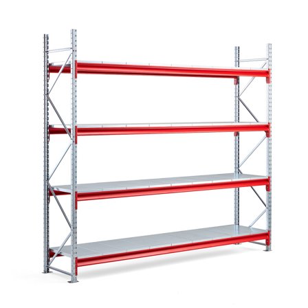 Weitspannregal TOUGH, Grundmodul, 2500 x 2800 x 600 mm, 4 Böden Stahl