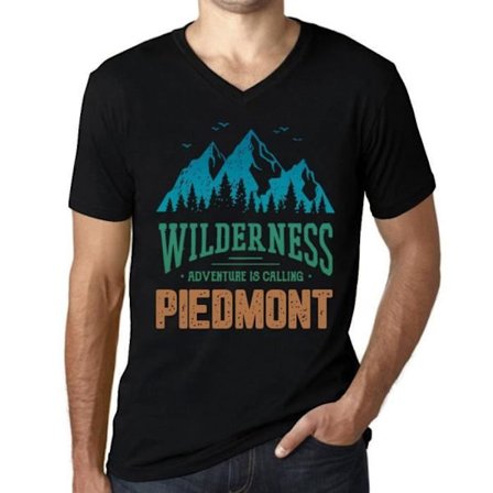 T-shirt med v-ringad herr – Wilderness, Adventure Is Calling Piemonte – Vintage svart T-shirt
