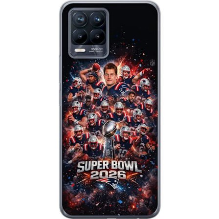 Kompatibel Mobilcover til Realme 8 Super Bowl 2026 plakat med New England Patriots og NFL-pokal i eksplosiv sportsdesign
