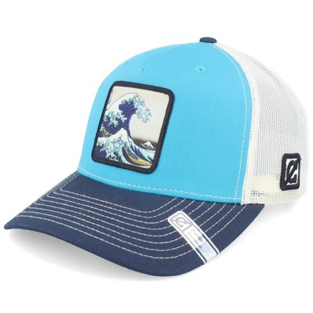 Public Domain - Hokusai The Great Wave Blue Teal/Birch/Navy A-Frame Trucker Trucker Blue Cap - @ Hatstore