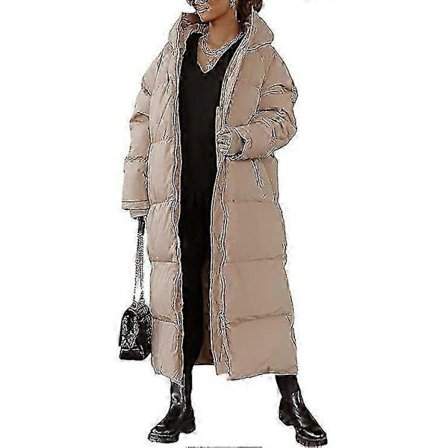 Lang quiltet damefrakke, langærmet pufferjakke med hætte