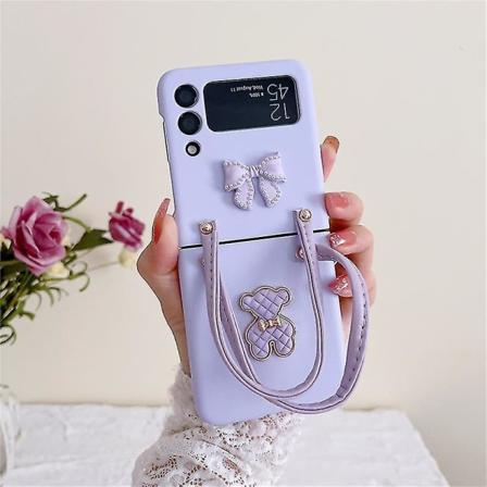 3D-rusettikarhu-kotelo, yhteensopiva Samsung Galaxy Z Flip 4 5g:n kanssa, rannekkeellisella hihnalla, taittuva, iskunkestävä takakansi Purple
