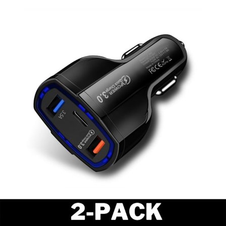 Hurtig biloplader, understøtter PD-hurtigopladning, udstyret med en USB-C-port og to USB-udgange, sort. 48