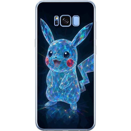 Samsung Galaxy S8+ Gjennomsiktig deksel Funklende krystallfigur i blått med holografiske refleksjoner, søt karakter som lyser mot mørk bakgrunn, pe