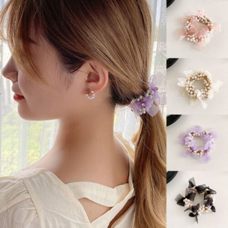 Women's Pearls Chiffon Bow Elastic Hair Band Sweet Ponytail Hair Tie Scrunchie