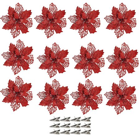 12 kpl 16 cm Tekoglitterijoulutähtikukkia Joulukuusen koristeluun Seppele Punainen