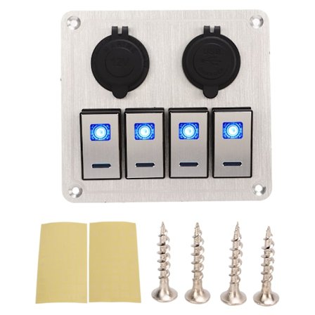 4-vägs aluminium vippströmbrytarpanel silveroxid PÅ/AV förprogrammerad dubbel blå LED-strömbrytarpanel för bil båt husbil