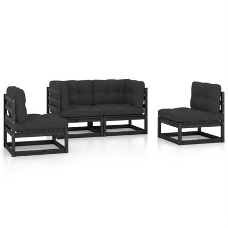Vidaxl Loungegrupp Med Dynor 4 Delar Massiv Furu Svart