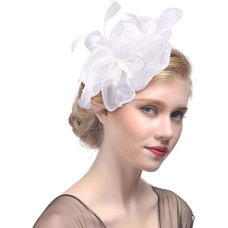 Fjær Fascinators for Kvinner og Jenter Blomst Organza Derby Hat Ascot Hatter Elegant Cocktail Te-selskap Hat Hodeplagg med Klips og Hårbånd(Hvit)
