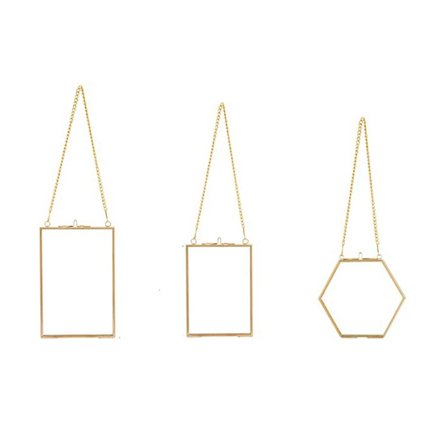 3 pakker pressede blomster glasrammer - Gyldne hængende glasbilledrammer med kæde flydende DIY A