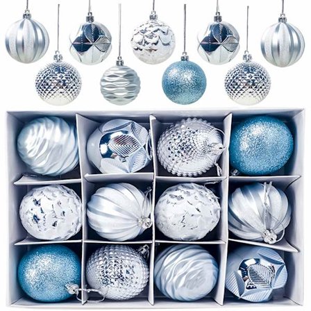12 Stykker Julekulepynt, Matte og Blanke Julekulepynt, Glitrende Julepynt