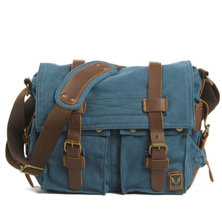 Vintage Läder Canvas Laptop Väska Messenger Väskor Medium, Canvas Kameraväska Vintage DSLR SLR Messenger Axelväska - blå