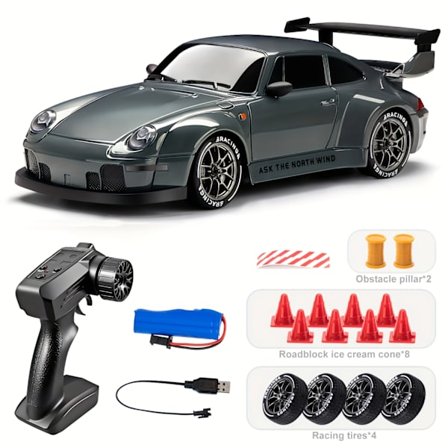 1:24 Skala RC Driftebil, 2.4Ghz 4WD med Lys, Dekk og Barrikadeverktøy, Perfekt Gave til Gutter og Jenter