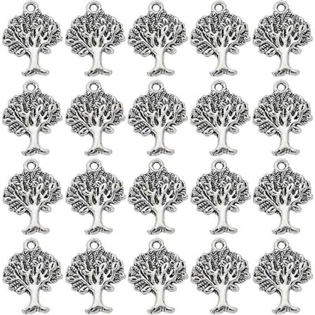 1 Ask 100 st Livets Träd Berlocker Silver Träd Berlock Bulk Tibetansk Stil Legering Hängsmycken Mini Metall Växt Lycka Berlock för Smyckestillverkning