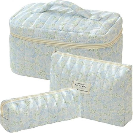 3 stk. Makeup Taske Bomuld Vatteret Rejse Kosmetiktaske Sød Blomstret Makeup Pung Stor Toilet Taske til Kvinder Piger (Sløjfe-Pink)