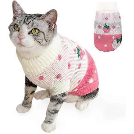 Cat Clothes Winter Pet Sweater Cat Pullover for Cats Warm Cat Clothes Cute Knitted Sweater Apparel Pink Strawberry Jumper