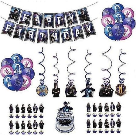 Wednesday Addams Familie Tema Bursdagsfest Dekorasjoner Utstyr Inkludert Banner, Ballonger, Kake/cupcake Topper