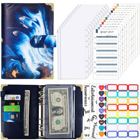 A6 Løsblad Notatbok i PU-Lær med 12 Glidelås Lommebøker for Budsjett og Sparing av Penger (Mørk Blå)