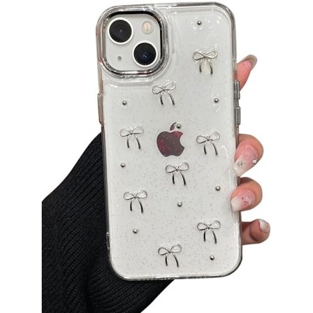 Deksel til iPhone 15, Bling Glitter 3D Sløyfe Telefondeksel Søt Glitrende Krystallklar Sløyfe Estetisk Design Deksel Slank Myk Holdbar TPU Transparent