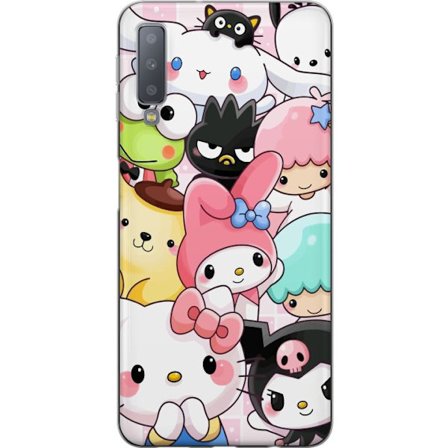 Kompatibelt Mobildeksel til Samsung Galaxy A7 (2018) Tett mønster av søte figurer med store øyne i ulike farger og uttrykk med LABUBU-tekst