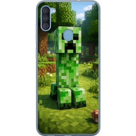 Kompatibelt Mobilskal till Samsung Samsung Galaxy A11 Block-baserad Creeper-figur i en grön pixell värld, ikonisk spelillustration för barnrum, gam