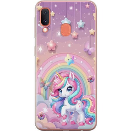 Kompatibelt Mobildeksel til Samsung Galaxy A20e Magisk enhjørning med regnbue manke, stjerner og sommerfugler mot en pastellhimmel med skyer