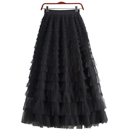 Kvinners flerlags tyllskjørt med volanger, høyt liv