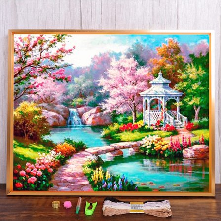 Landskap Kirsebærblomstringstrær Trykt stoff Korsstingsett Broderi Håndarbeid Håndverk Hobbysøm Mulina Engros Stemplet HMA70934 30x40cm