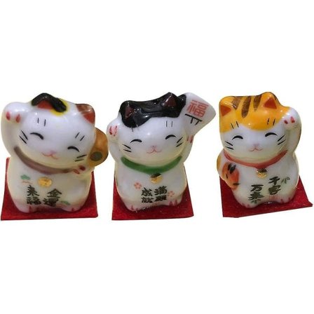 Sett med 3 Maneki Neko Vinkende Katt Japansk Lykkekatt Dekorativ Porselensfigur