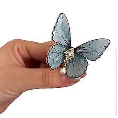 Hårklype med sommerfugl, krystall og perle, elegant 2000-tallsstil, sideklype, forseggjort glitrende perle, sommerfugl, balletcore, grå