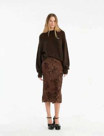 ROTATE Birger Christensen Flower Mesh Pencil Skirt - Brown - 40