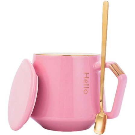 Keramisk Kaffe Mugg Te Kopp med Sked & Lock - Både Varmt & Kallt Dryck Te Kopp set för Kontor (Rosa)