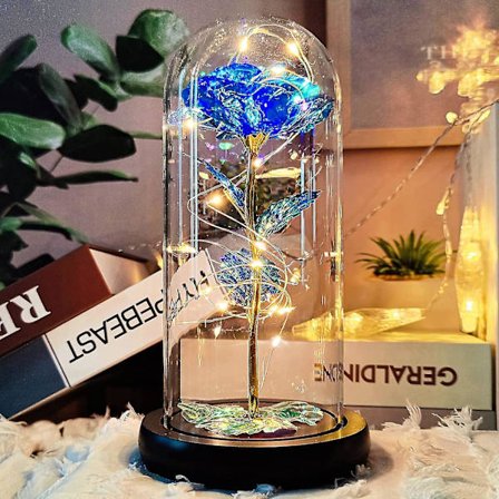 Evighetsrose i gullfolie, glasskuppel med LED-lys