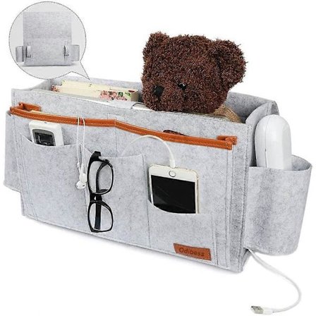 Sengeopbevaring med stor kapacitet, filtsengelomme med 5 lommer til opbevaring af fjernbetjening, bog og briller