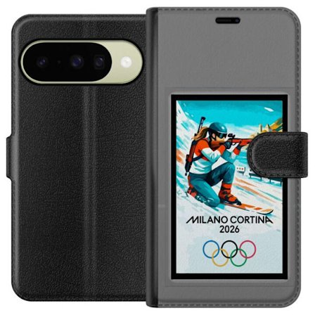 Kompatibelt Lommeboketui til Google Pixel 10 Retroplakat Cortina Milano 2026 med fjell, vintersportsutøvere, italienske trikolor, Milano-katedralen og