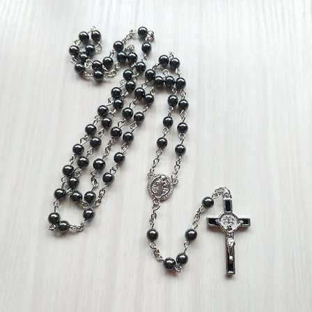 WABJTAM Hematitt Rosenkrans Svart Stein Perlekjede med Jerusalem Hellig Jord og Kors Antik Religiøs Rosenkrans Perlekolleksjon