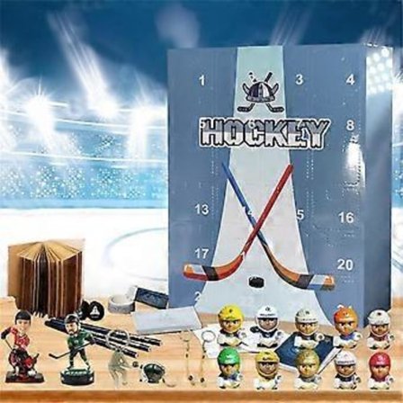 Jääkiekon joulukalenteri 2024, 24 päivän joululoman lähtölaskentalahjat, pienoiskokoinen jääkiekko koriste kotitoimiston sisustukseen